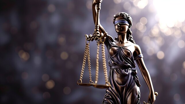 The statue of justice with closed eyes themis holds in her hands the metal scales of justice with copyspace