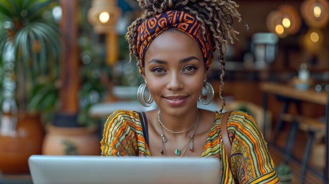 A black woman wearing a headscarf and large earrings, sitting in front of a laptop