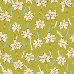 Yellow and orange hand drawn daffodils on green background with blue confetti vector repeat pattern