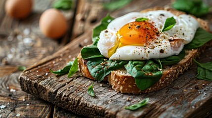 Poached egg on a piece of bread with spinach - obrazy, fototapety, plakaty