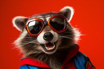 Close up portrait of a raccoon in a superman costume wearing glasses. Funny character for your game or story	
