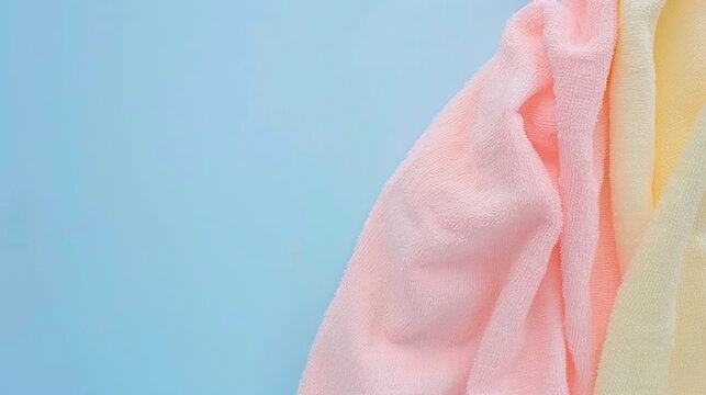 A towel is folded and has a pink and yellow stripe. The towel is on a blue background