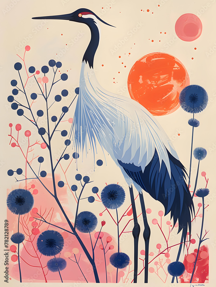 Wall mural Beautiful art poster with of elegant crane birds in Japanese style