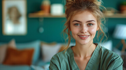 Fototapeta premium Photo of young woman happy positive smile folded hands intern medic isolated over teal color background.