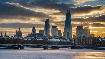 Fototapeta premium Breathtaking sunset casts golden hue over londons iconic skyline, illuminating clouds, reflecting off river thames. Silhouetted against this backdrop distinct architectural designs of st.