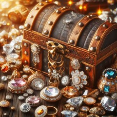 Treasure chest with gold and diamonds