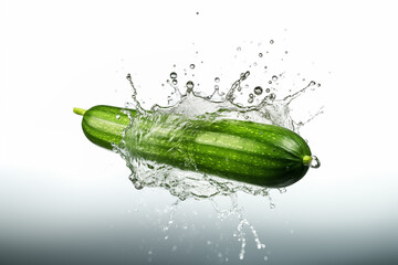 Fresh zucchini falling in water splash with water drops, isolated in white background