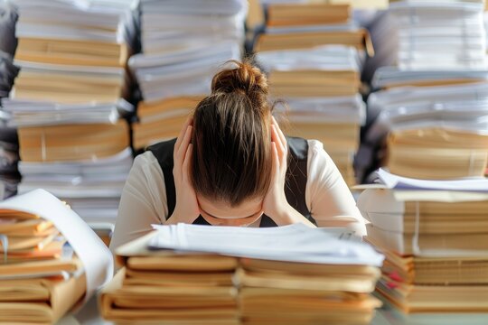 Stressed Office Worker With Head in Hands Among Paper Piles