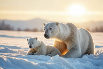 A polar bear and her cubs are sunbathing in the morning. happily