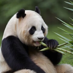 Giant Panda Enjoying A Fresh Bamboo Meal Amidst Lush Greenery. Panda Eats