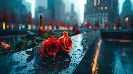 Roses and candles on wet street. Method of honoring the memory of victims of mass disasters