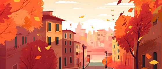 Cartoon drawing of a cozy city in autumn. A landscape drawing with a small beautiful city.