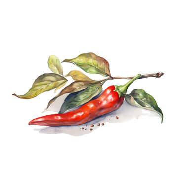Illustration watercolor of chilli, on transparent background with png file. Cut out background.