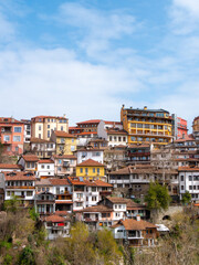 Fototapeta na wymiar Colourful houses in Veliko Tarnovo, Bulgaria on a bright morning - Portrait shot