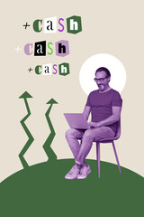 Vertical photo collage of happy guy type macbook transaction plus cash income dollar rich earnings freelance isolated on painted background