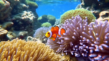 Naklejka na ściany i meble Underwater marvels: Colorful clownfish nestled in a vibrant coral reef