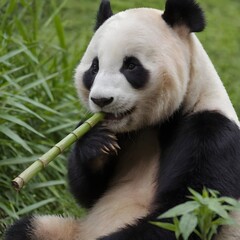 Naklejka premium Giant Panda Enjoying A Fresh Bamboo Meal Amidst Lush Greenery. Panda Eats