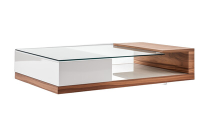 Modern minimalist white and wooden coffee table made of wood and glass with a shelf for magazines