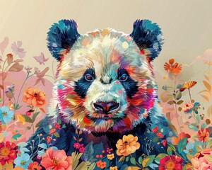 Paper patch panda, adorable, in vibrant colors with floral patterns, on a soft pastel background, enhancing its charm