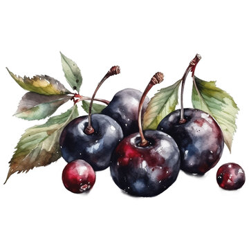 Illustration watercolor of fresh cherries, surrounded by green leaves, on transparent background with png file. Cut out background.