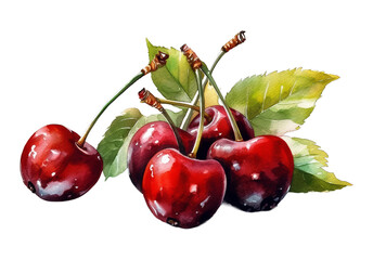 Illustration watercolor of fresh cherries, surrounded by green leaves, on transparent background with png file. Cut out background.