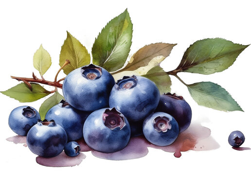 Illustration watercolor of Fresh Blueberries with Leaves, on transparent background with png file. Cut out background.