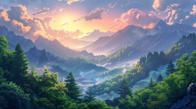 A natural landscape painting of mountains, trees, and a sunset sky in a valley