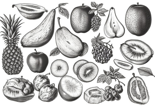 Illustration drawing of Assorted Fruits and Vegetables, on transparent background with png file. Cut out background.