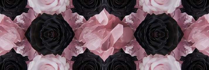 black rose and pink gemstone kaleidoscope background.  - obrazy, fototapety, plakaty