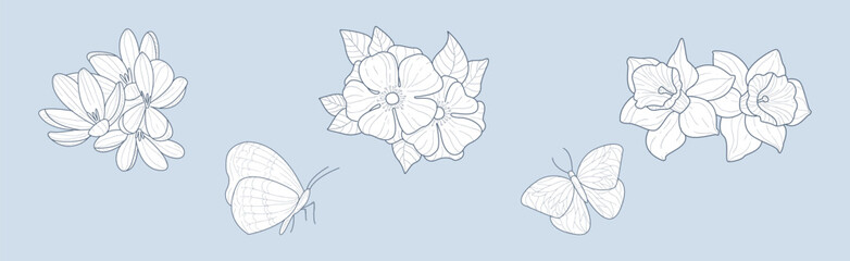 Lush Garden Flower Hand Drawn Element Vector Set