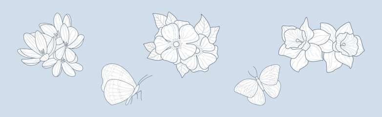 Fototapeta premium Lush Garden Flower Hand Drawn Element Vector Set