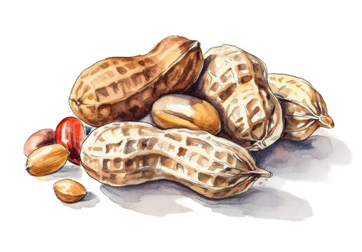 Illustration watercolor of Peanuts in shell, on transparent background with png file. Cut out background.