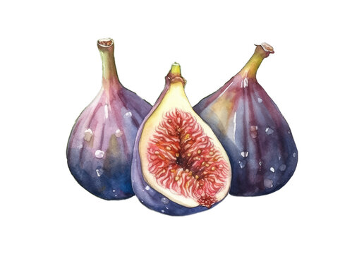 Illustration watercolor of Ripe fresh figs, on transparent background with png file. Cut out background.