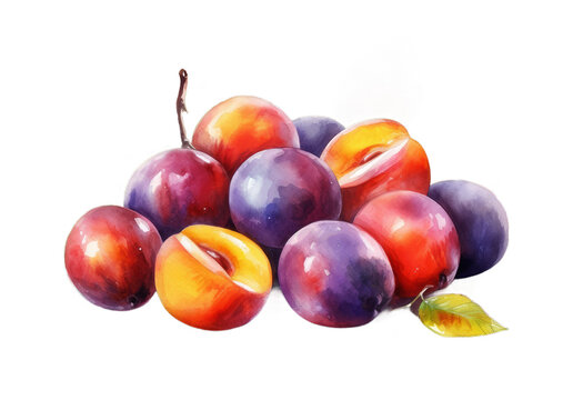 Illustration watercolor of Fresh ripe plums, peaches, on transparent background with png file. Cut out background.