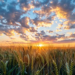 Scene of sunset or sunrise on the field with young rye or wheat in the summer against a cloudy sky background. 