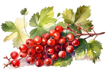 Illustration watercolor of Fresh red currants with leaves, on transparent background with png file. Cut out background.