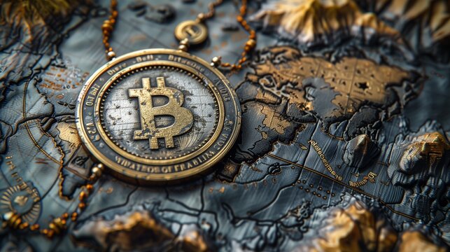 Close up of metal bitcoin necklace on rocky surface