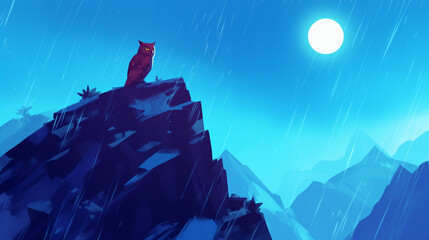 Coruja vermelha no topo de uma montanha na chuva e ao fundo a lua cheia - Ilustração