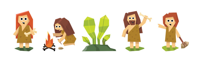 Prehistoric Stone Age Man Character and Plant Vector Set - 782131559