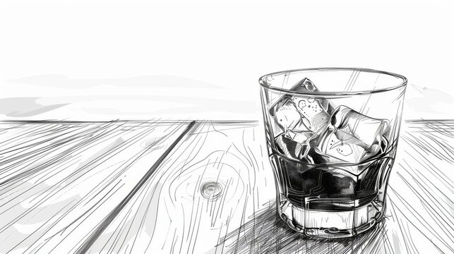 Whiskey with ice on a wooden table hand drawn sketch, black and white illustration with copy space. Glass of whiskey with ice on a wooden table hand drawn sketch, black and white illustration.