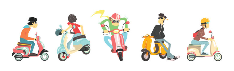 Man and Woman Riding Scooter or Motorcycles Vector Set - 782131931