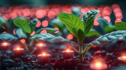 "Growth Under Spectrum Lights"
Young plant flourishes under full-spectrum LED grow lights, symbolizing innovative cultivation and sustainable agriculture.