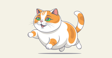 Vector cheerful funny cartoon chubby running jumping cute cat. Beautiful, kind and friendly pet. A purebred respectable puss.