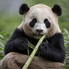 Fototapeta premium Giant Panda Enjoying A Fresh Bamboo Meal Amidst Lush Greenery. Panda Eats