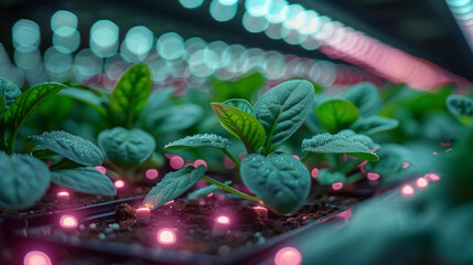 "Dewy Sprouts in LED Paradise"
Dew-kissed sprouts thrive under the iridescent shimmer of LED lights, illustrating the fusion of nature and technology in agriculture.