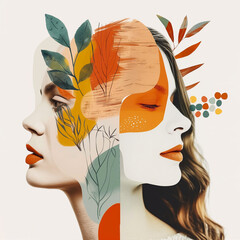 Contemporary art collage. Stylish young woman with bright make-up and abstract floral background.