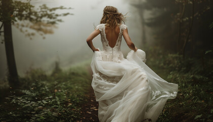 Bride run away from wedding thru the forest