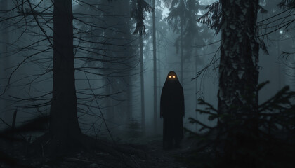 Scary character with glowing eyes in dark forest