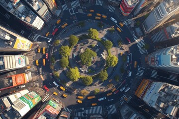 A bird's-eye view of the roundabout at sunset, with cars and greenery in the center, creating an enchanting scene of urban life.