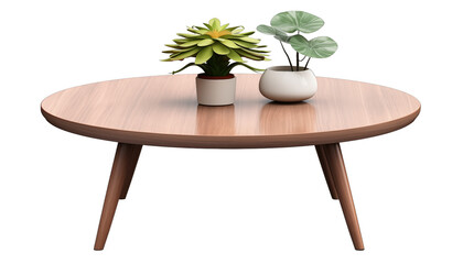 Round wooden table with two potted plants on a white background